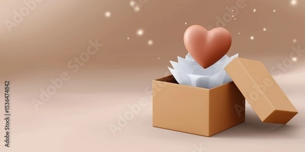 Fototapeta Heart-shaped object in open box with soft light and white tissue paper