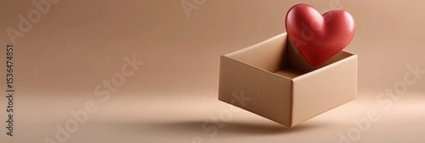 Fototapeta Red heart in floating cardboard box on beige background