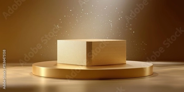 Fototapeta Golden cube on spotlighted podium with sparkling highlights