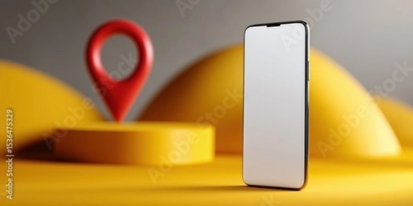 Fototapeta Sleek smartphone with gps location icon on yellow geometric background