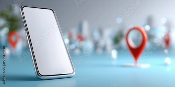 Fototapeta Modern smartphone with location pin against blurred cityscape background