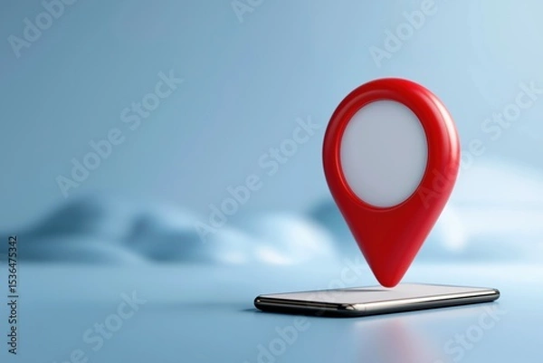 Fototapeta Red location pin on smartphone with blue background