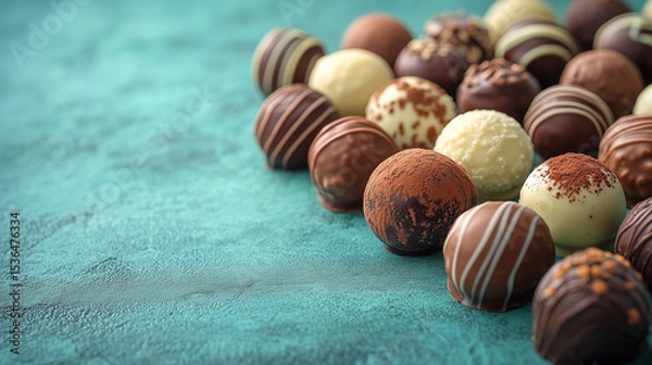 Obraz Luxurious chocolate-coated truffles lie on a turquoise surface, inviting you to enjoy the moment and immerse yourself in a world of sweet pleasure.