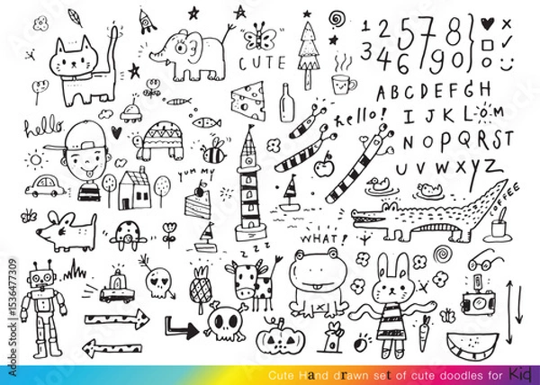 Fototapeta Collection of hand drawn cute doodles,Doodle children drawing,Sketch set of drawings in child style,Funny Doodle Hand Drawn,Page for coloring, cute animal hand drawn, cute Doodle
