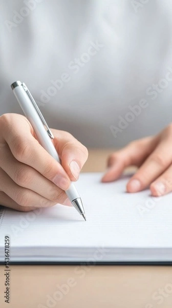 Fototapeta Focused Productivity: Hand Writing in Notebook with Pen, Ideas for Business, Study, and Creative Work in a Clean, Modern Setting