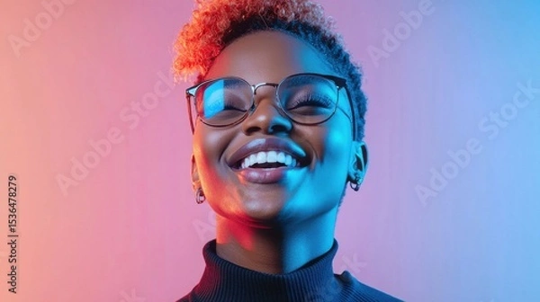 Fototapeta Authentic Joy: Vibrant Portrait of a Young Black Woman in Glasses, Illuminated by Dynamic Neon Lights, Symbolizing Modern Happiness Diverse Beauty
