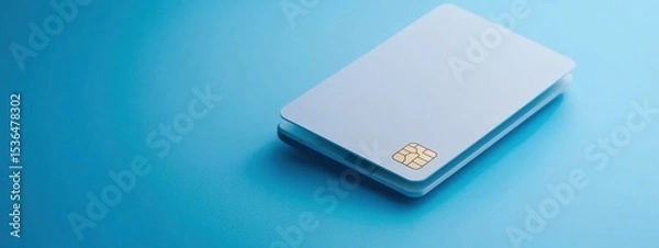 Fototapeta Modern Payments: White Credit Card with EMV Chip on Blue Surface, Digital Transactions, FinTech Innovation, and Secure Financial Future