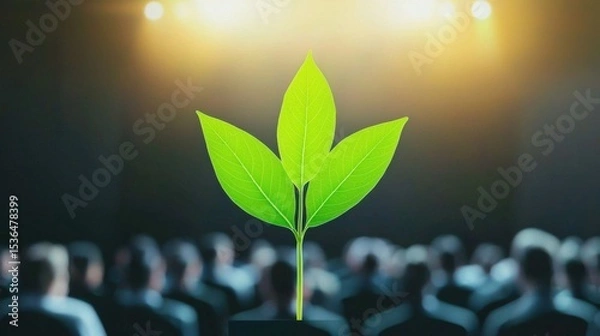 Fototapeta Sustainable Growth: Green Leaf on Stage Environmental Conference, Corporate Responsibility, and a Collective Vision for a Greener Future
