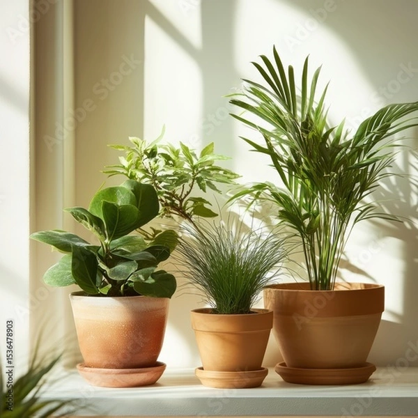 Fototapeta Serene indoor ambiance showcasing assortment of potted plants basking in gentle natural sunlight bright home decoration