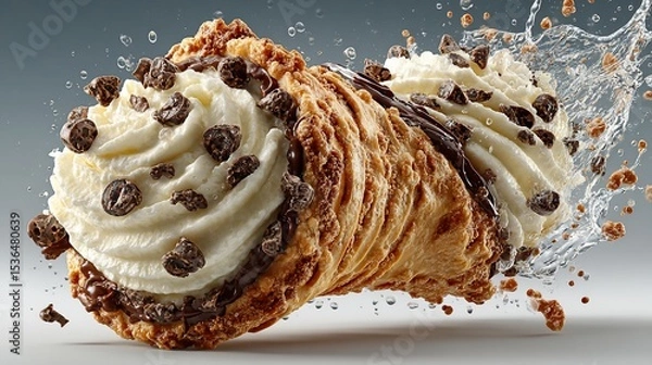Fototapeta Delicious Cannoli with Cream and Chocolate Chips Sprinkled, Water Splash