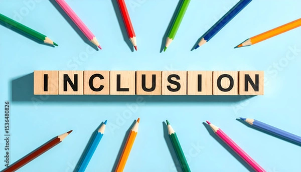 Fototapeta Inclusion Word with Wooden Cubes and Colored Pencils on Sky Blue Background