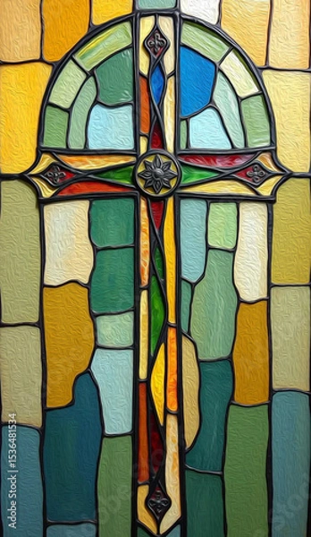 Fototapeta Cross . Colorful stained glass window. Multicolored interior design template. Oil painting