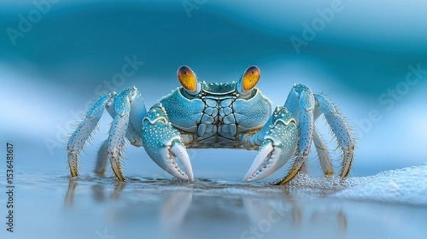 Fototapeta Vibrant blue crab, close-up, facing forward, with soft-focus background
