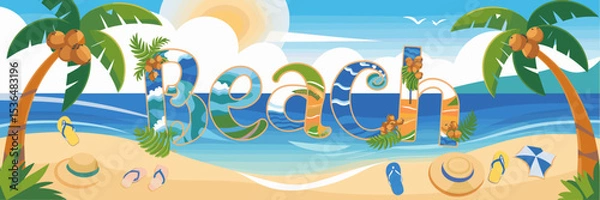 Obraz tropical beach with palm trees coconuts sun hats and flip-flops – perfect for travel promotions summer lifestyle and beach vacation content