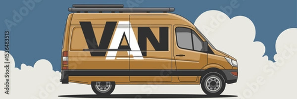 Obraz Illustration of a van with sliding doors rooftop racks and cloudy sky background – Perfect for delivery service ads, vehicle rental promotions, or travel content.