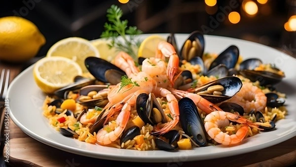 Fototapeta A delectable Spanish seafood paella with shrimp, mussels, lemon, and rice, beautifully plated and ready to be served in a fancy restaurant with warm lights