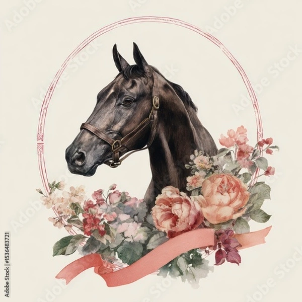 Fototapeta Elegant horse portrait adorned with colorful blossoms and a graceful ribbon on a soft background