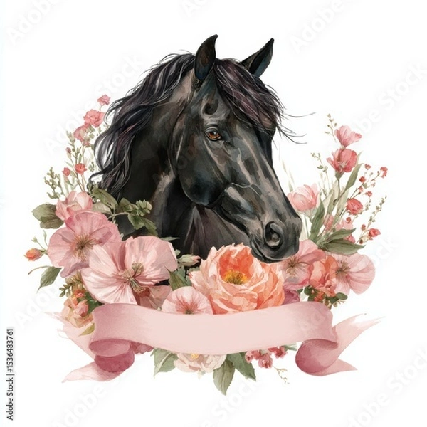 Fototapeta Black horse surrounded by blooming flowers with a blank ribbon for customizable text