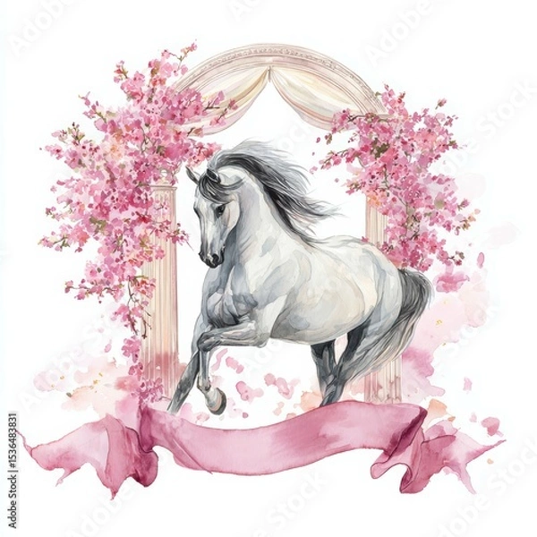 Fototapeta Elegant white horse surrounded by pink blossoms and decorative archway in a serene landscape setting
