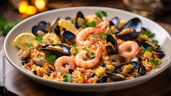 Fototapeta A delectable Spanish seafood paella with shrimp, mussels, lemon, and rice, beautifully plated and ready to be served in a fancy restaurant with warm lights