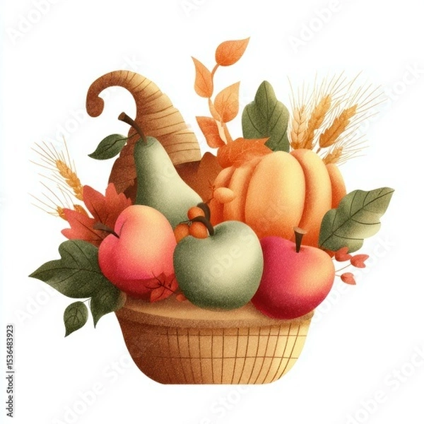 Fototapeta Harvest basket filled with autumn fruits and vegetables in vibrant colors