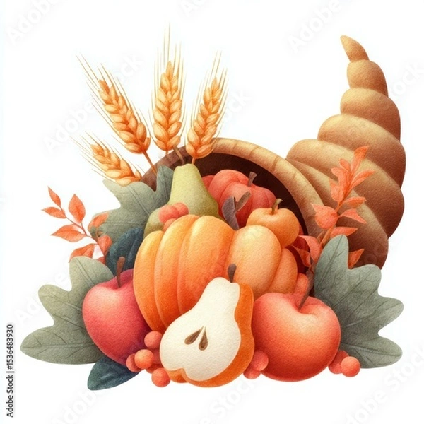 Fototapeta Autumn harvest arrangement showcasing pumpkins, apples, and cornucopia on a white background