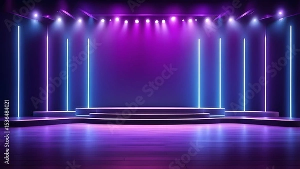 Fototapeta Empty modern stage with blue purple neon spotlight. Stage light background with spotlight illuminated. Modern dance production stage. AI generated image. Perfect for music shows parties.