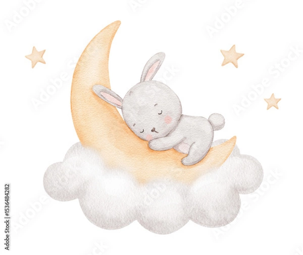 Fototapeta Watercolor cute bunny sleeping on moon in cloud with stars, watercolor hand drawn illustration for kids, painted drawing with isolated background