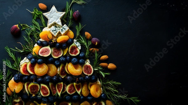 Fototapeta Festive fruit and nut christmas tree with figs, mandarins, and almonds on dark background. Copy space.