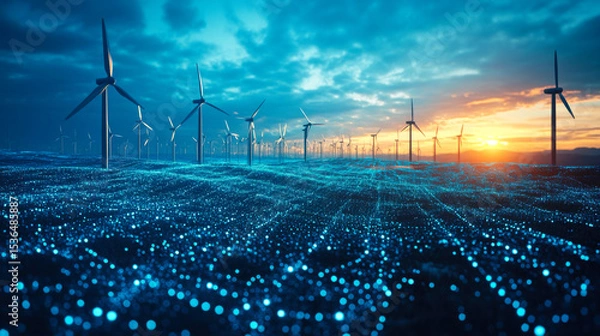 Fototapeta Wind turbines stand tall against a vibrant sunset illuminating the landscape filled with sparkling lights