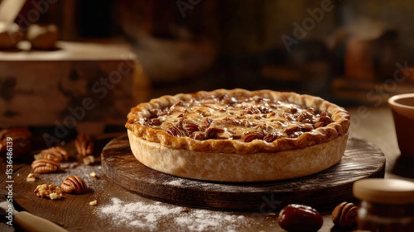 Fototapeta Delicious homemade pecan pie on rustic wooden table