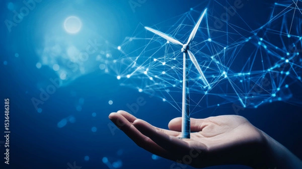 Fototapeta Innovative hand holding a miniature wind turbine symbolizing renewable energy and sustainability in a digital age