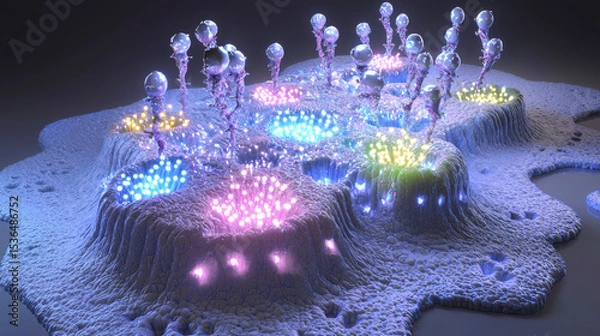 Fototapeta Colorful bioluminescent organisms thrive in a vibrant underwater landscape during a serene night