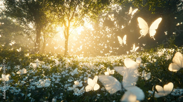Fototapeta Butterflies dancing in a sunlit forest with blooming flowers during a serene morning