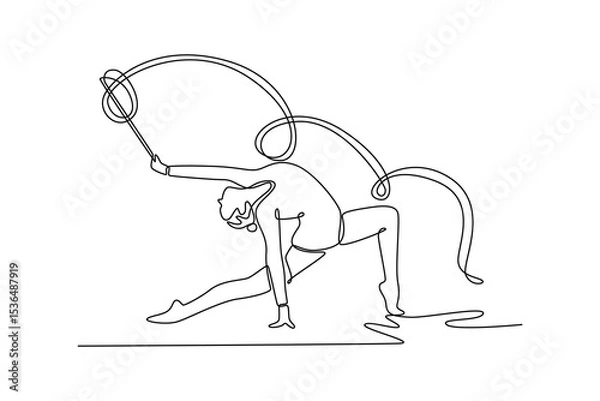 Fototapeta Continuous one line drawing charming artistic gymnast dancing with ribbon. Female gymnast, creativity, art with dancing routine and energy at arena. Single line draw design vector graphic illustration