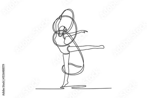 Obraz Single continuous line drawing young female rhythmic gymnast posing with ribbon. Beautiful and graceful sport. Motion, grace and flexibility. Dynamic one line draw graphic design vector illustration
