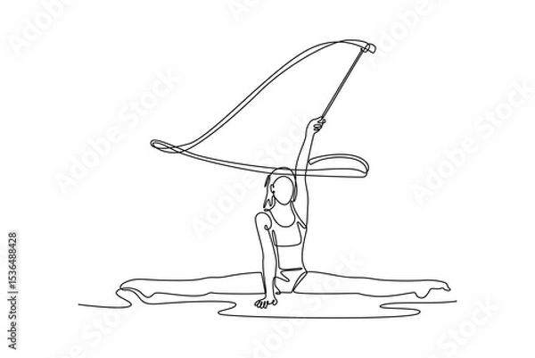 Obraz Single one line drawing beautiful and flexible graceful athlete rhythmic gymnastic artist dancing, doing stretch exercises. Beauty, art, sport. Continuous line draw design graphic vector illustration