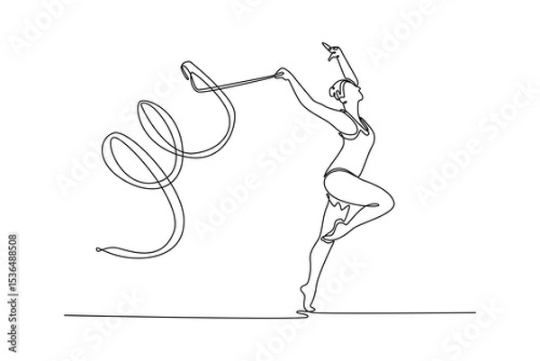 Obraz Single one line drawing talented gymnast dancer sport ballerina athlete perform acrobatic exercise spinning gymnastic ribbon artistic element. Continuous line draw design graphic vector illustration