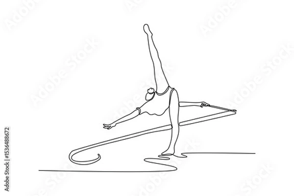 Obraz Single one line drawing flexible teen girl rhythmic gymnast in motion, exercise with ribbon. Sport, beauty, competition, flexibility, active lifestyle. Continuous line draw design vector illustration