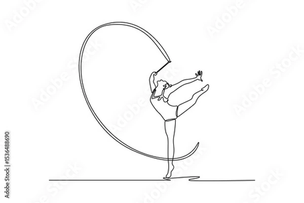 Obraz Continuous one line drawing talented teen girl rhythmic gymnast performing with ribbon, artistic dancing. Sports, beauty, grace, competition, art. Single line draw design vector graphic illustration