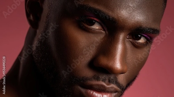 Obraz Black man with bold makeup, front-facing, soft lighting, neutral backdrop
