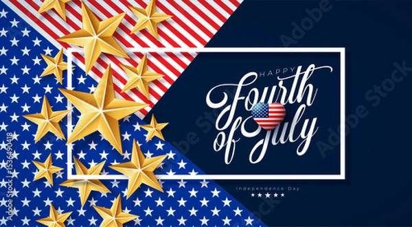 Fototapeta 4th of July Independence Day of the USA Vector Illustration with Gold Star and Typography Letter on American Flag Pattern Background. Fourth of July National Celebration Design for Banner, Greeting