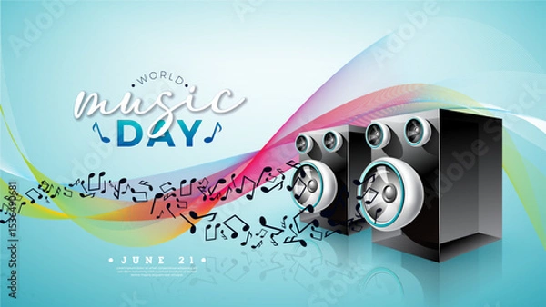Fototapeta World Music Day Banner Illustration with Loudspeaker, Musical Notes and Typography Letter on Blue Background. Vector International June 21 Festival Design Template for Post Card, Greeting Card