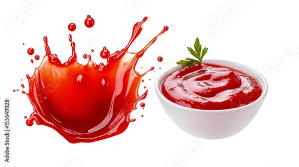 Fototapeta A vibrant red bell pepper, bursting with fresh flavor, against a splash of crimson sauce, garnished with a sprig of green leaves, conveying a sense of bold, tantalizing culinary delight.
