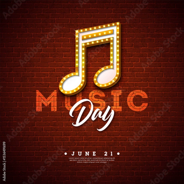 Fototapeta World Music Day Banner Illustration with Light Bulb Signboard Musical Notes and Typography Letter on Vintage Brick Wall Background. Vector International June 21 Festival Design Template for Post Card