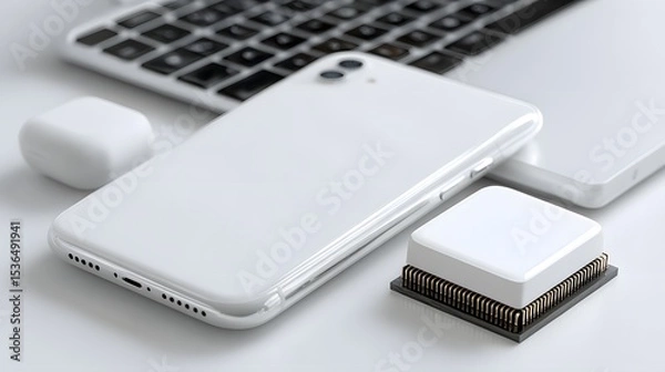 Fototapeta integration of Generative AI with Apple Intelligence showcased in an editorial photography style. Highlight the collaboration between AI experts and Apple engineers, featuring close-up shots of