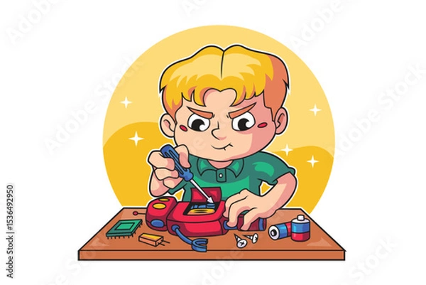 Fototapeta Curious Boy Concentrated on Robot Assembly