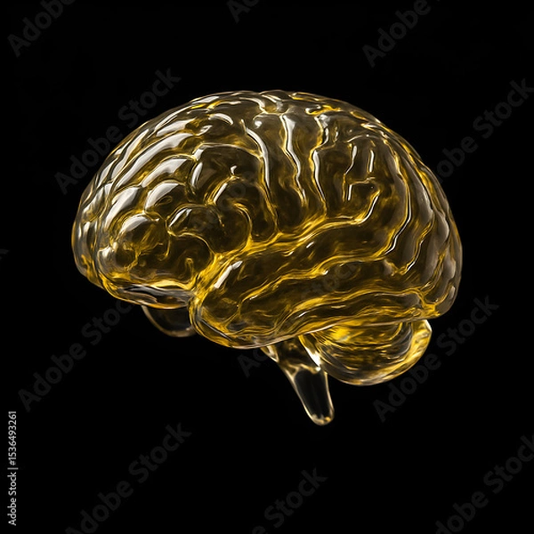 Fototapeta A transparent glass human brain model filled with golden liquid, suspended against a dark background, representing thought or intelligence.