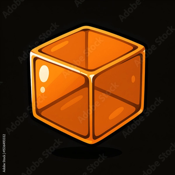 Fototapeta A vibrant, translucent orange glass cube with rounded edges floats against a deep black background.