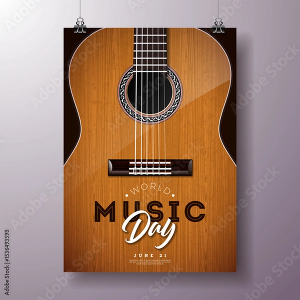 Fototapeta World Music Day Flyer Illustration with Acoustic Guitar and Typography Letter on Black Background. Vector International June 21 Festival Design Template for Post Card, Greeting Card, Holiday Poster